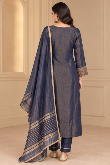 Midnight Navy Blue Embroidered Kurta Set with Dupatta