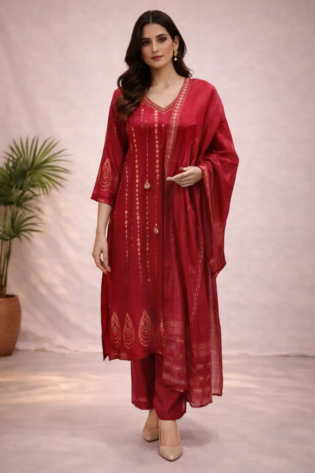 Classic Red Ethnic Kurta Set with Dupatta