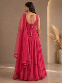 Hot Pink Embroidered Anarkali Gown with Dupatta
