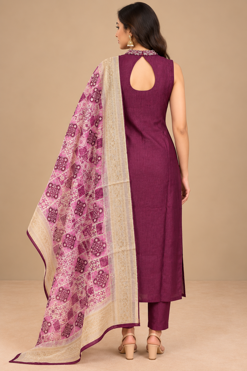Wine Embroidered Kurta Set with Pink Printed Dupatta