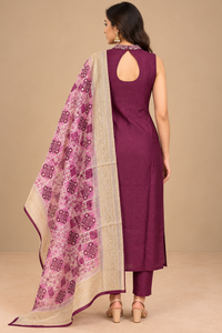 Wine Embroidered Kurta Set with Pink Printed Dupatta