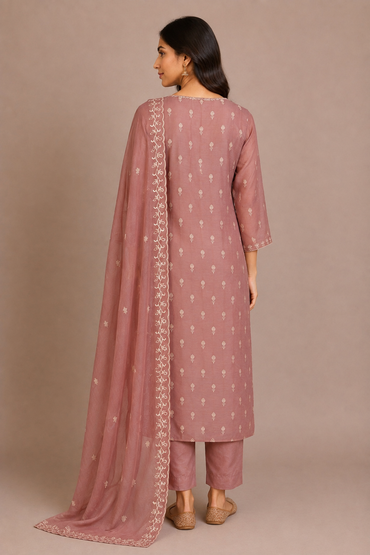 Dusty Rose Silk Embroidered Straight-Cut Suit Set