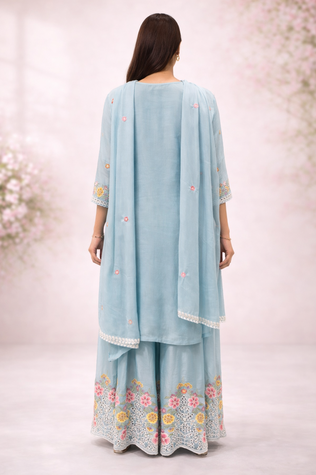 Powder Blue Floral Embroidered Silk Kurta Sharara Set with Dupatta for Women