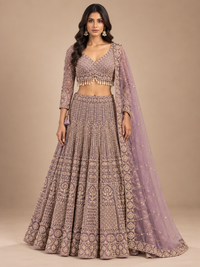 Dusty Mauve Net Embroidered Lehenga Set