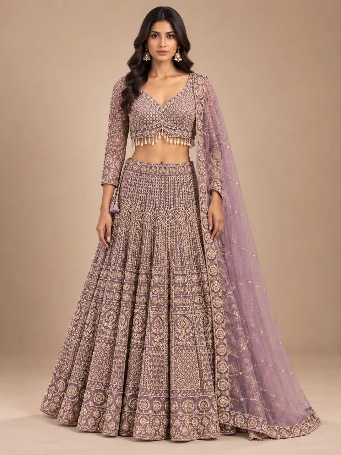 Dusty Mauve Net Embroidered Lehenga Set
