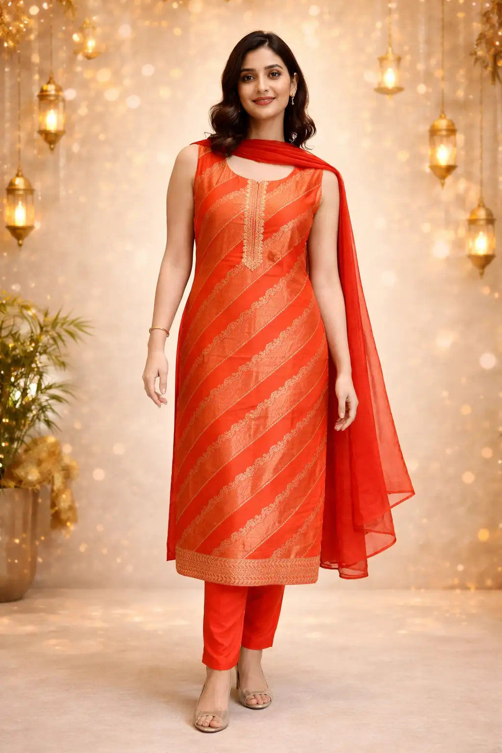 Elegant orange Jacquard Kurta Set with Dupatta