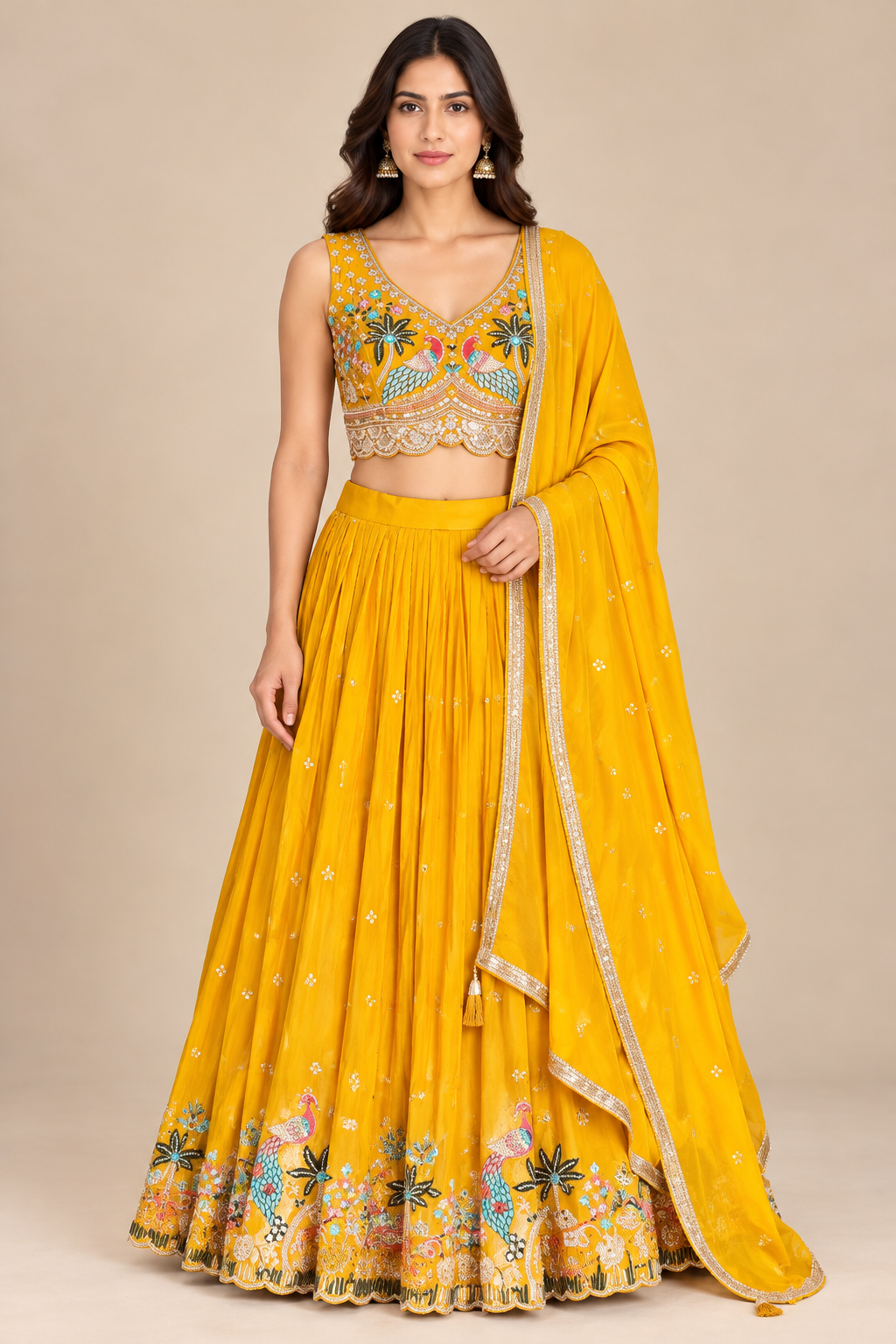 Mustard Yellow Lehenga Choli with Colorful Peacock Embroidery and Dupatta
