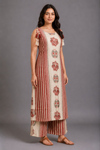 Red & Beige Printed Kurta Palazzo Set with Tassel Detailing