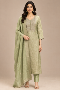 Pista Green Embroidered Straight Kurta Pant Set with Dupatta