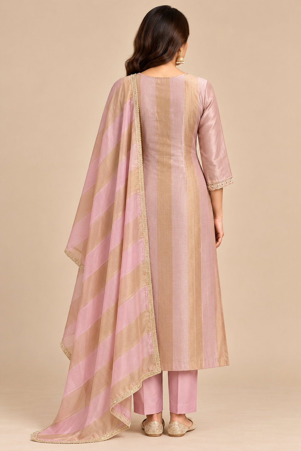 Blush Pink Embroidered Kurta Pant Set with Striped Dupatta