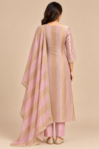 Blush Pink Embroidered Kurta Pant Set with Striped Dupatta