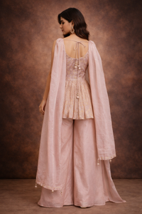Blush Pink Silk Embroidered Peplum Kurta Sharara Set with Dupatta