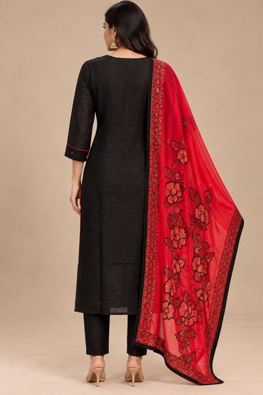 Black Embroidered Kurta Set with Red Floral Dupatta