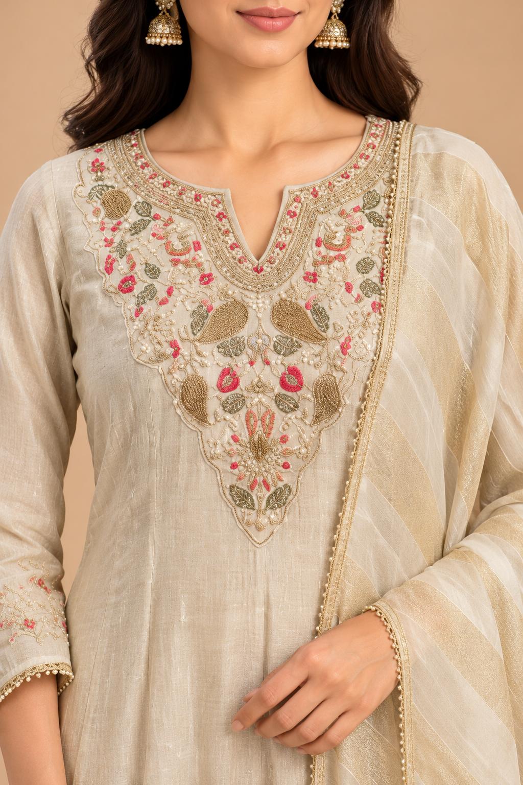 Ivory Anarkali Kurta Pant Set with Embroidered Neckline and Striped Dupatta