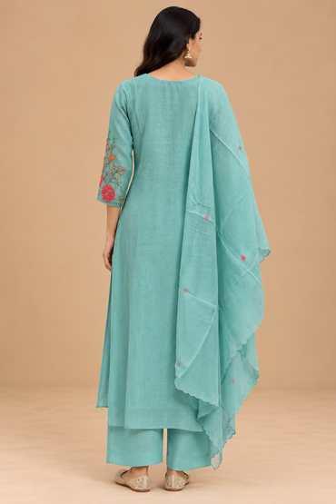Aqua Blue Mul Chanderi Floral Embroidered Straight-Cut Suit Set