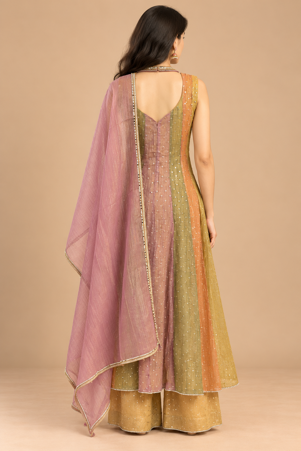 Multicolour Ombre Anarkali Kurta Pant Set with Pink Dupatta