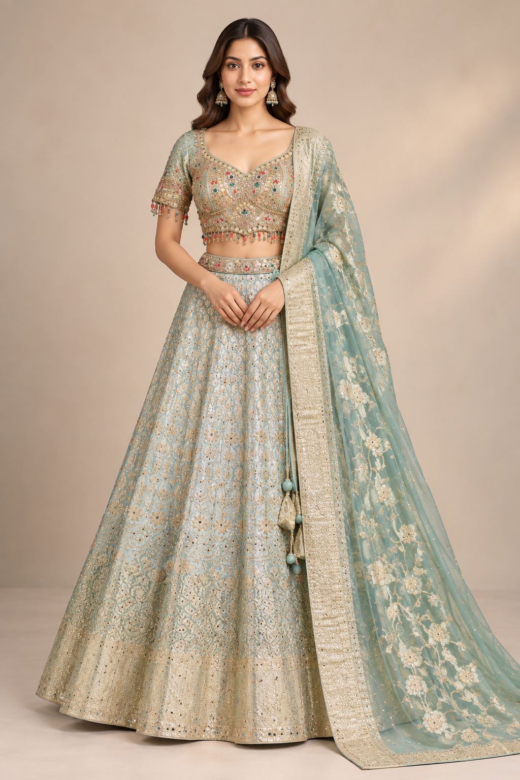 Pastel Blue & Gold Embroidered Lehenga Set with Dupatta
