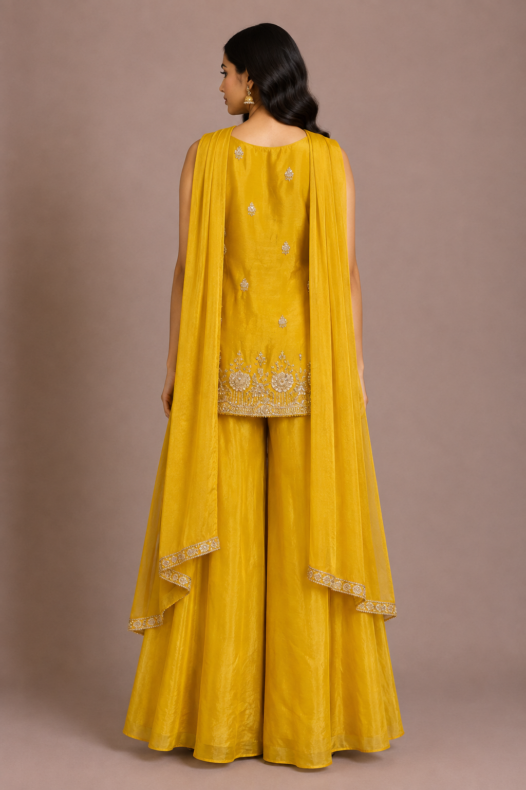 Mustard Yellow Tissue Embroidered Sharara Set