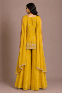 Mustard Yellow Tissue Embroidered Sharara Set