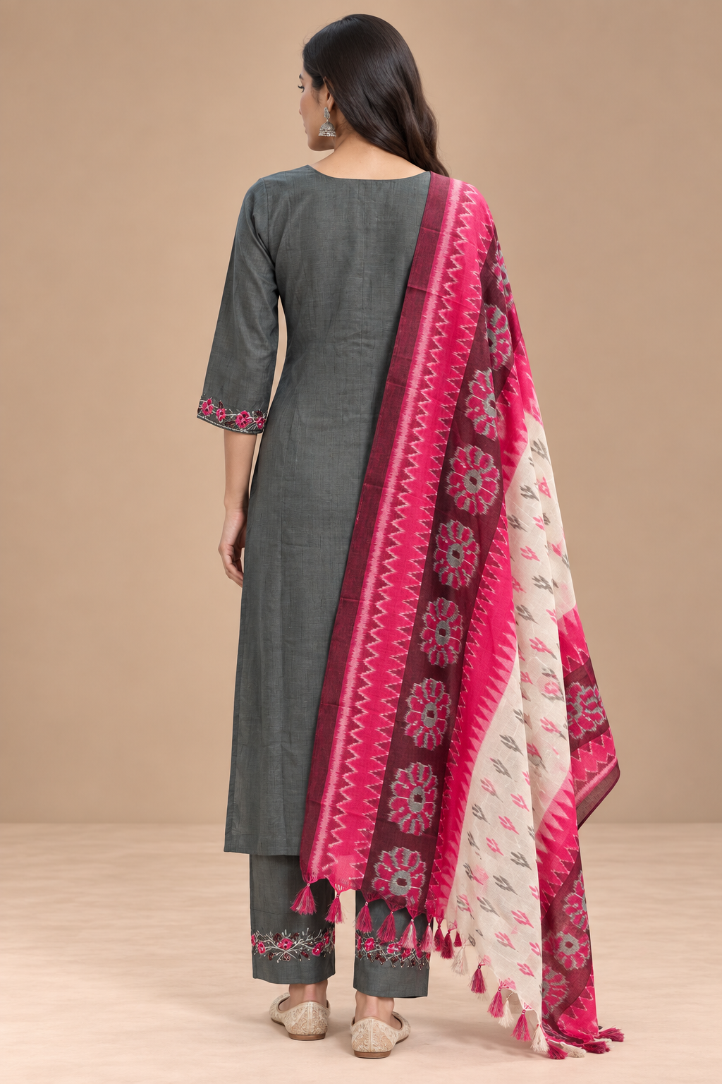 Charcoal Grey Straight Kurta Pant Set with Pink Printed Dupatta