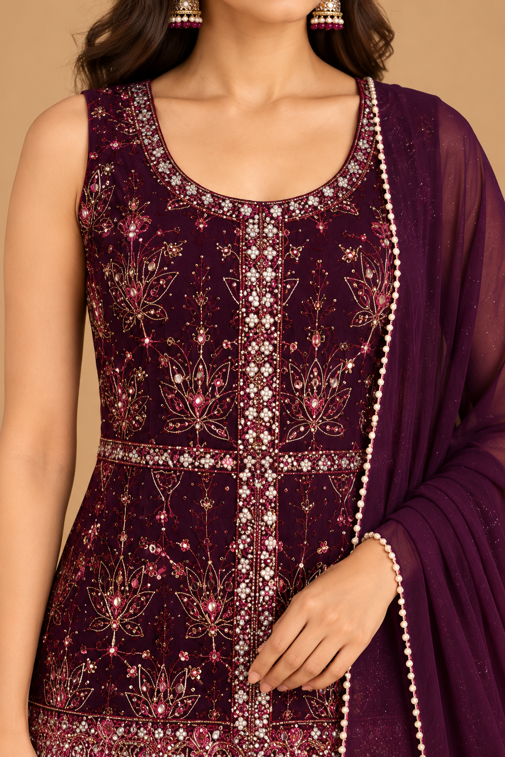 Deep Wine Purple Embroidered Kurta Set with Flared Palazzo and Dupatta