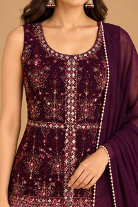 Deep Wine Purple Embroidered Kurta Set with Flared Palazzo and Dupatta