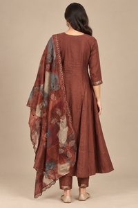 Brown Embroidered Anarkali Kurta Set with Floral Organza Dupatta