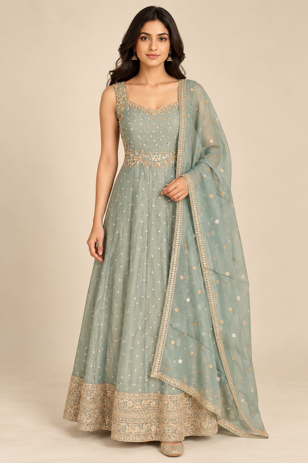 Sage Green Embroidered Anarkali Gown with Dupatta