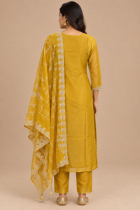 Mustard Gold Tissue Silk Embroidered Straight-Cut Suit Set