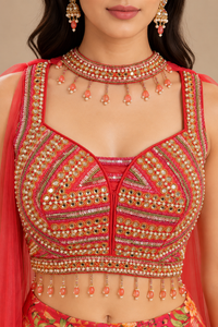 Red Floral Printed Palazzo Set with Embellished Crop Top & Dupatta