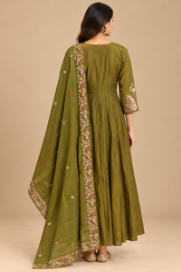 Olive Green Mul Chanderi Embroidered Anarkali Suit Set
