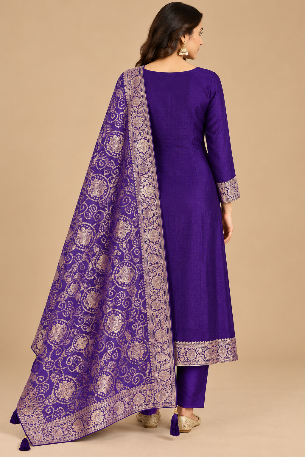 Royal Purple Gold Embroidered Kurta Pant Set with Printed Dupatta