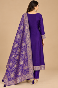 Royal Purple Gold Embroidered Kurta Pant Set with Printed Dupatta