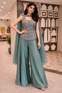 Teal Green Printed Corset Top silk with Wide-Leg Pants & Dupatta Set