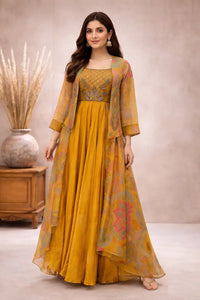 Mustard Silk Embroidered Anarkali Gown with Printed Jacket
