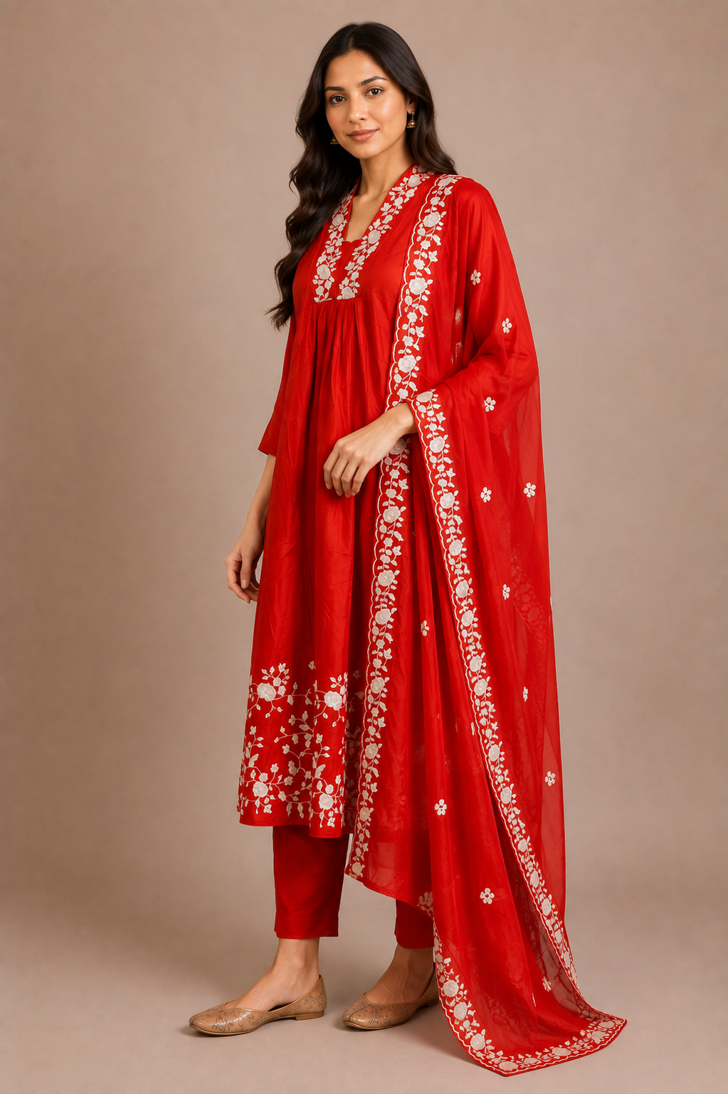 Scarlet Red Silk Embroidered Anarkali Suit Set