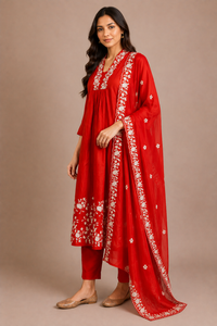 Scarlet Red Silk Embroidered Anarkali Suit Set