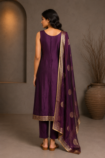 Wine Purple Embroidered Kurta Set with Dupatta