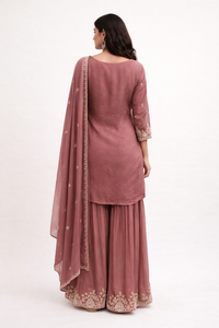 Dusty Rose Embroidered Silk Kurta Sharara Set with Dupatta for Women