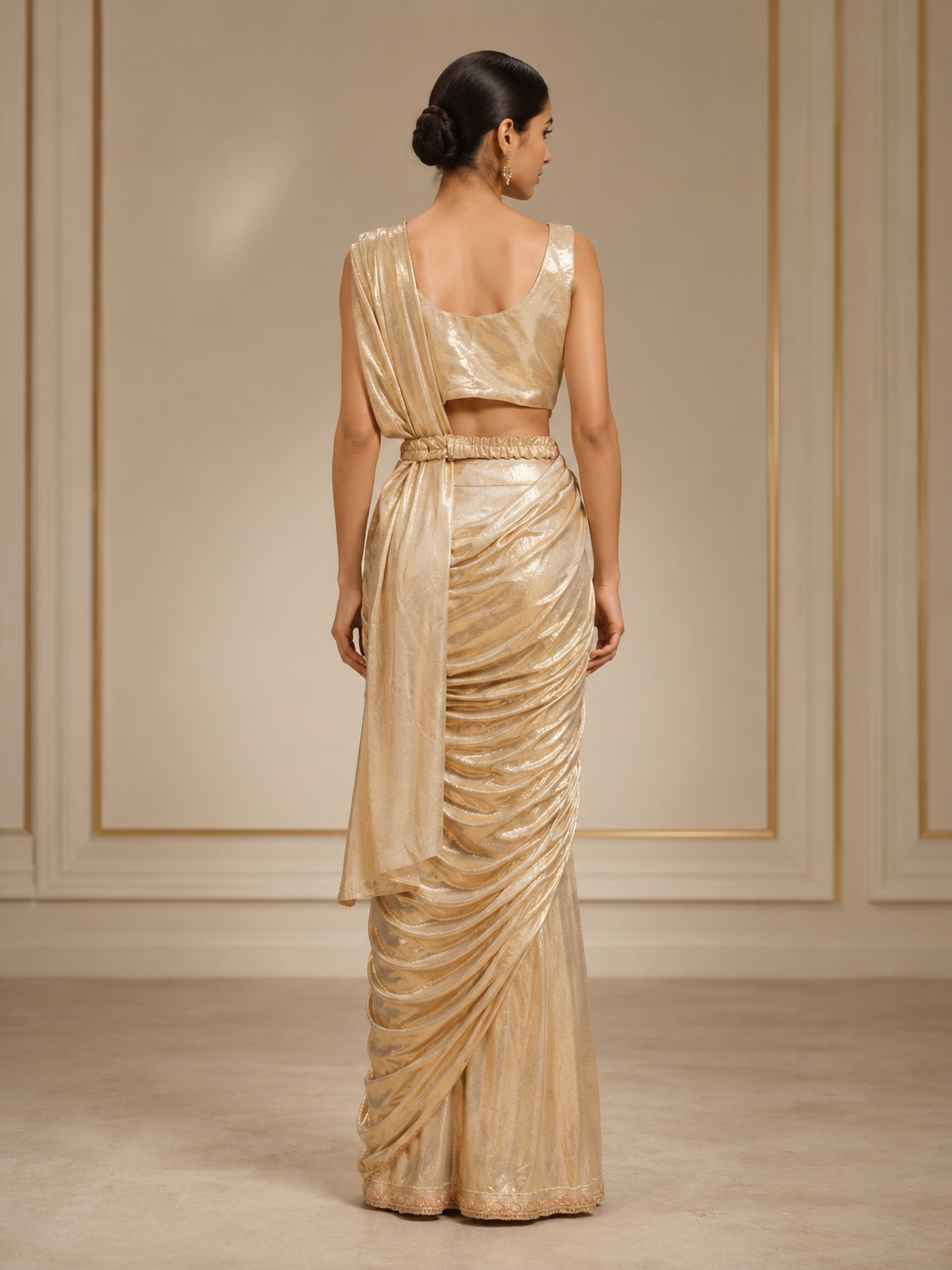 Premium Imported Lycra Pre-Draped Saree with Embellished Blouse – Champagne Gold