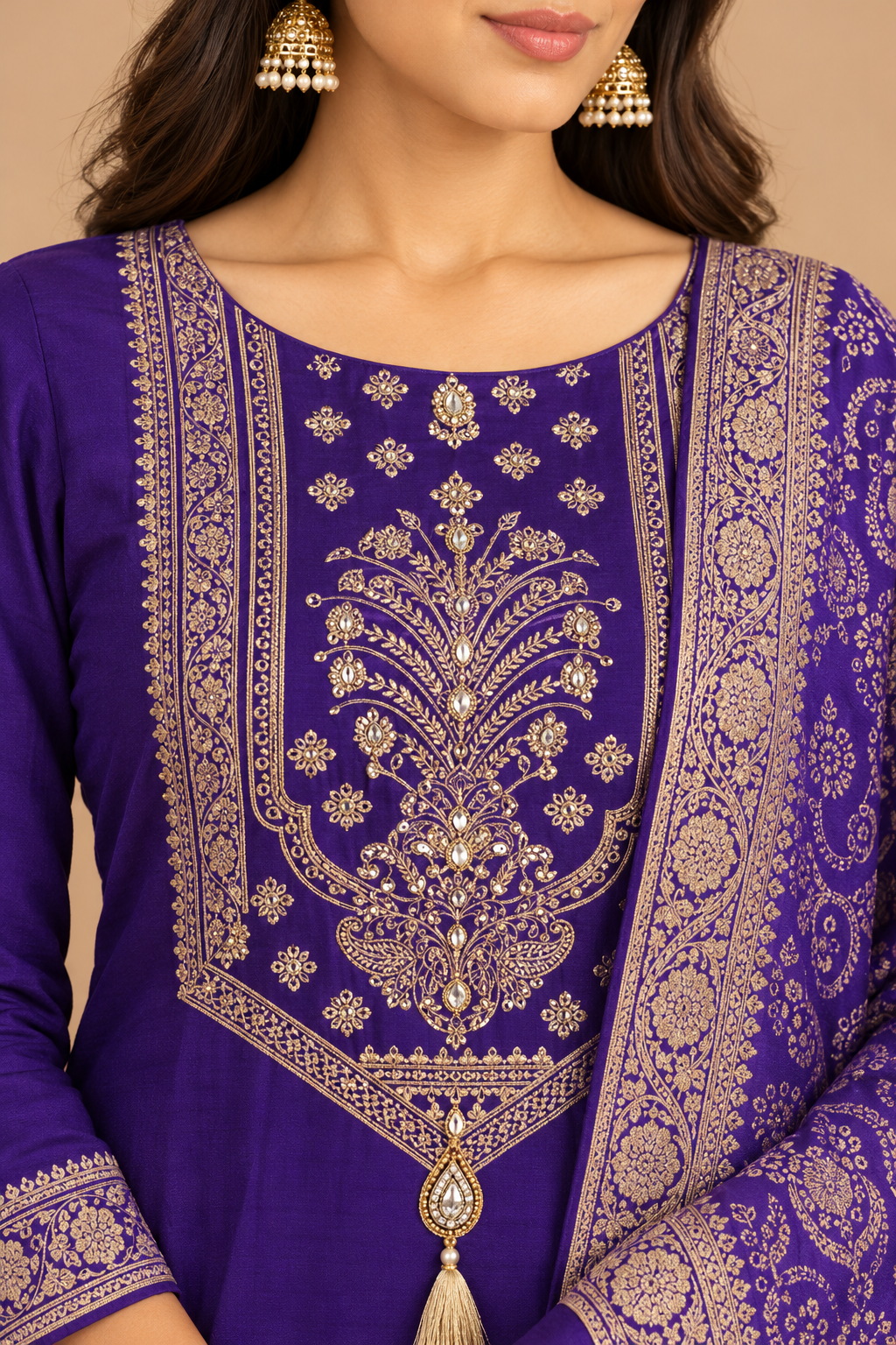Royal Purple Embroidered Kurta Pant Set with Ornate Printed Dupatta