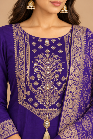 Royal Purple Embroidered Kurta Pant Set with Ornate Printed Dupatta