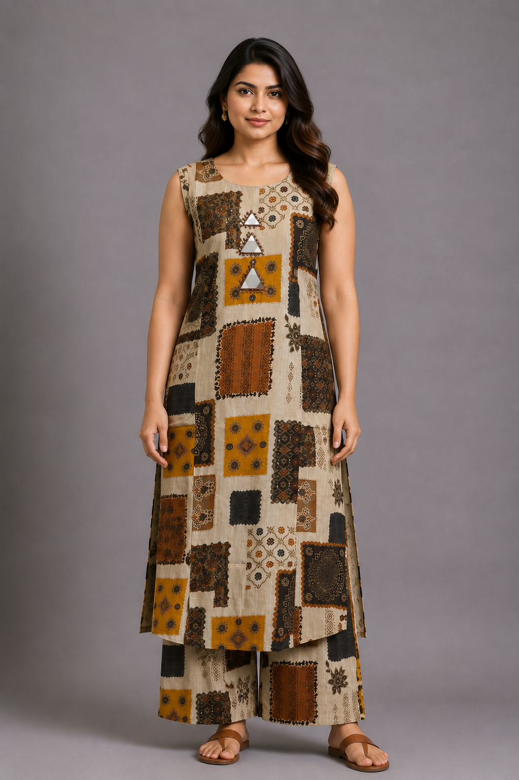 Beige Printed Kurta Palazzo Set