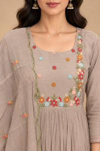 Taupe Mul Chanderi Floral Embroidered Straight-Cut Suit Set