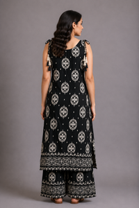Black & White Printed Kurta Palazzo Set with Tassel Detailing