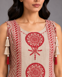 Beige and pink Printed Kurta Palazzo Set with Tassel Detailing