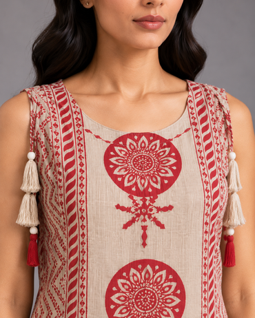Beige and pink Printed Kurta Palazzo Set with Tassel Detailing