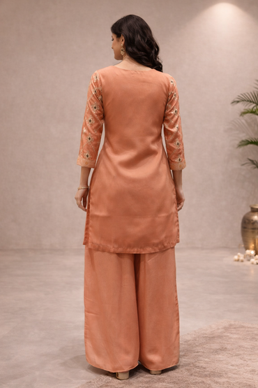 Peach Brocade Embroidered Kurta Sharara Set with Dupatta
