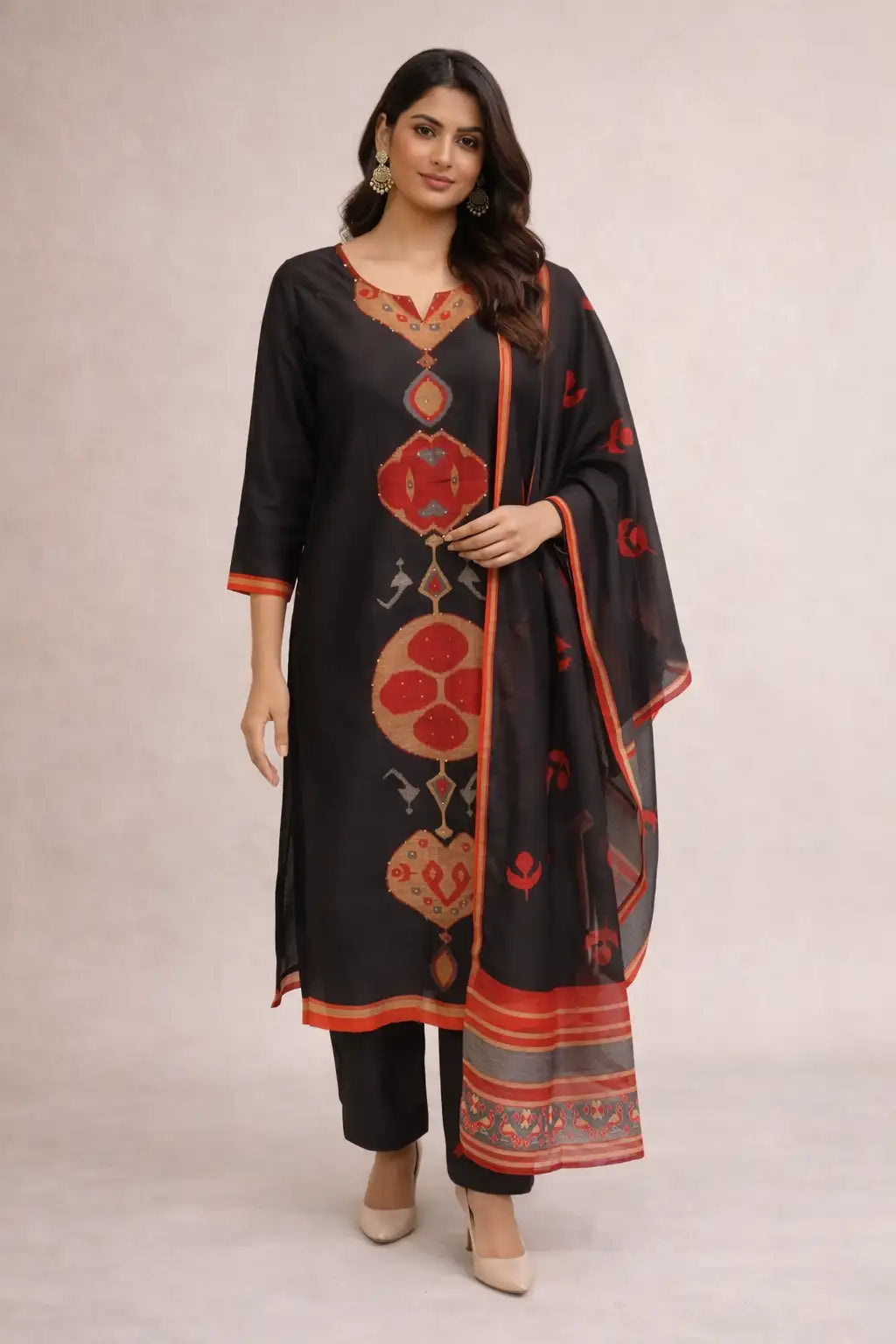 Black Geometric Printed Kurta Set with Dupatta