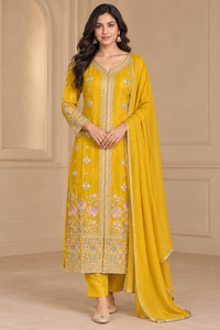 Yellow Embroidered Straight Kurta Set with Dupatta